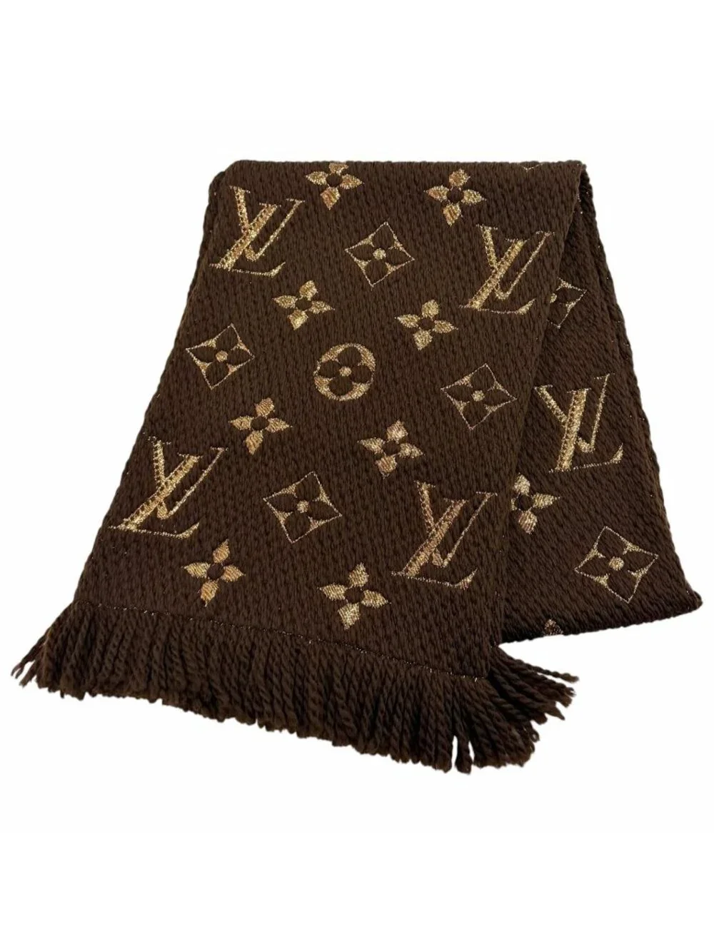 Louis Vuitton Logomania Scarf Shine Wool Silk Blend Brown Fringe